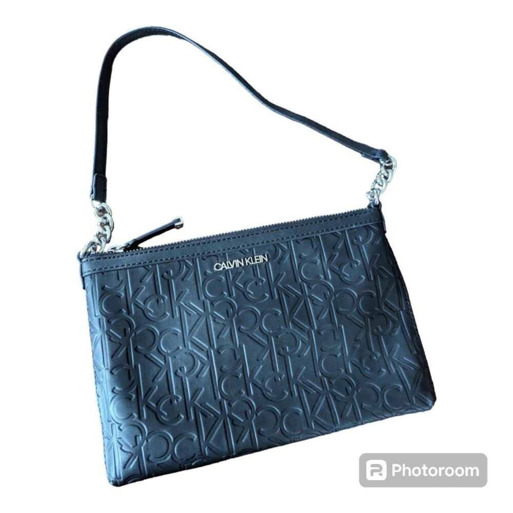 Calvin Klein Women's Ck Embossed Monogram Logo Shoulder Zip Bag Black Purse